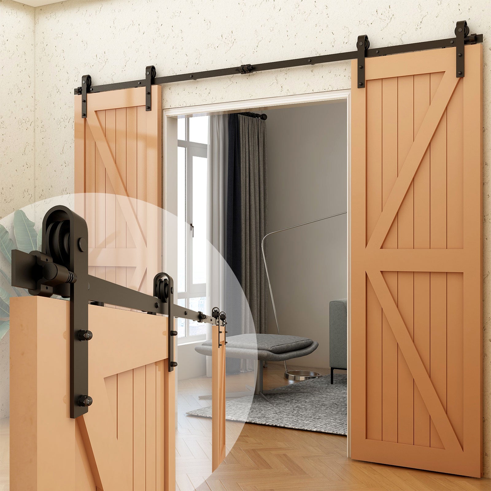 12ft/366cm Sliding Door Hardware Closet Kit For Double Wood Doors