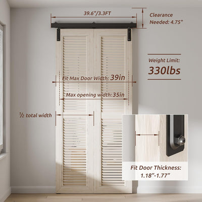 39.6"/3.3FT  Rail Hardware Bi-Folding Sliding Barn Door Hardware Track Kit Heavy Duty Aluminium Alloy Wall Mount Kit for 2 Doors (No Door)