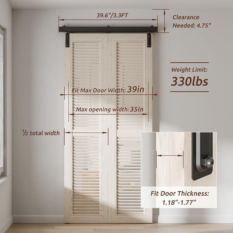 39.6"/3.3FT  Rail Hardware Bi-Folding Sliding Barn Door Hardware Track Kit Heavy Duty Aluminium Alloy Wall Mount Kit for 2 Doors (No Door)