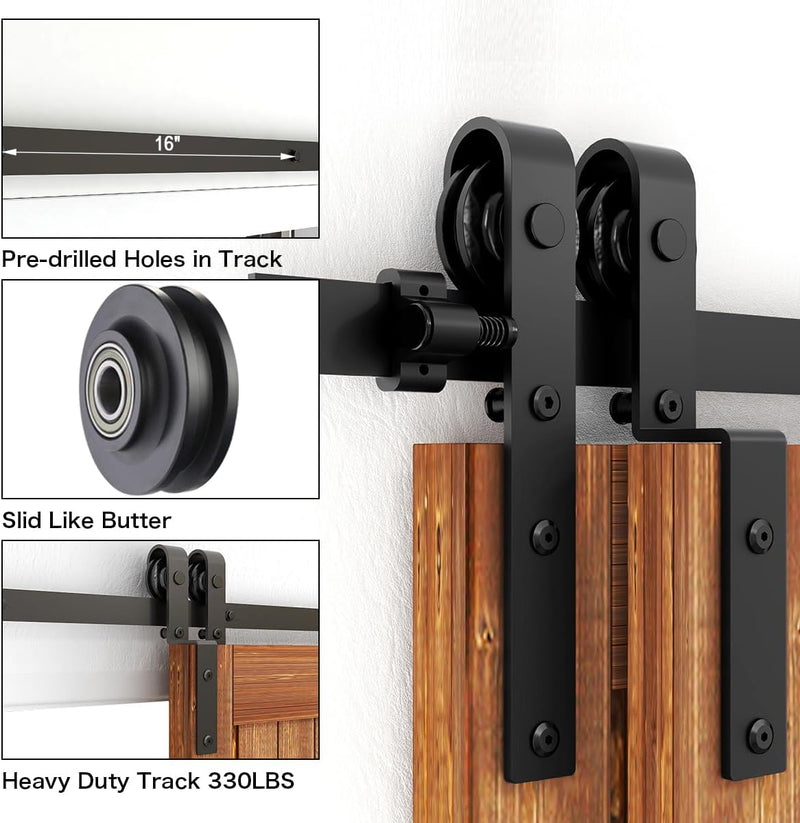 Bypass Sliding Barn Door Upgraded Single Track kit CCJH J Style for Double Barn Door