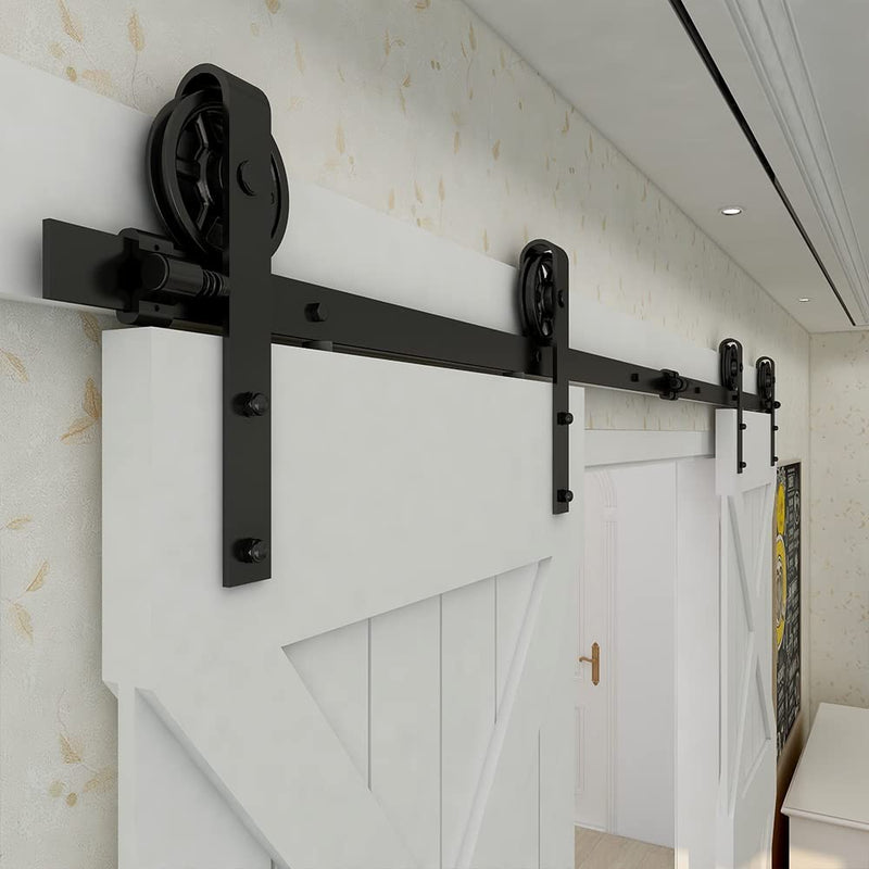 CCJH 12FT Track Double Sliding Barn Door Hardware Kit Basic Black, Big Spoke Wheel,Heavy Duty,Slide Smoothly Quietly