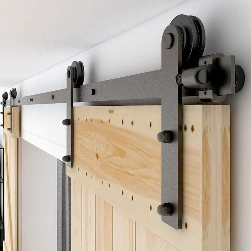 CCJH 6FT/183CMSliding Barn Door Hardware Kit, Heavy Duty, Smoothly and Silently, Easy to Install, Fit 18" Width Double Door Panel, I Shaped Hangers Black