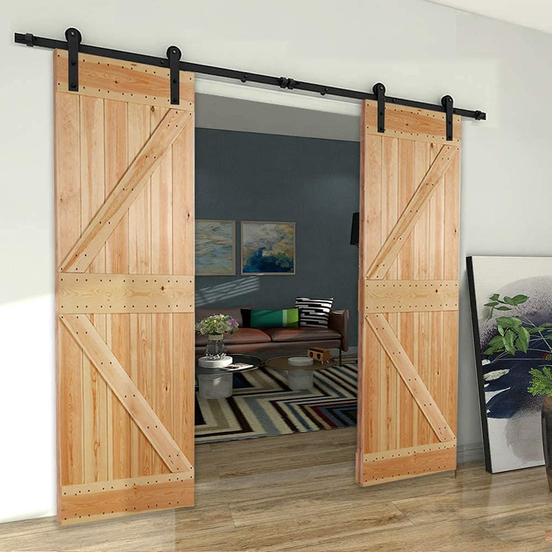 CCJH 6FT/183CMSliding Barn Door Hardware Kit, Heavy Duty, Smoothly and Silently, Easy to Install, Fit 18" Width Double Door Panel, I Shaped Hangers Black