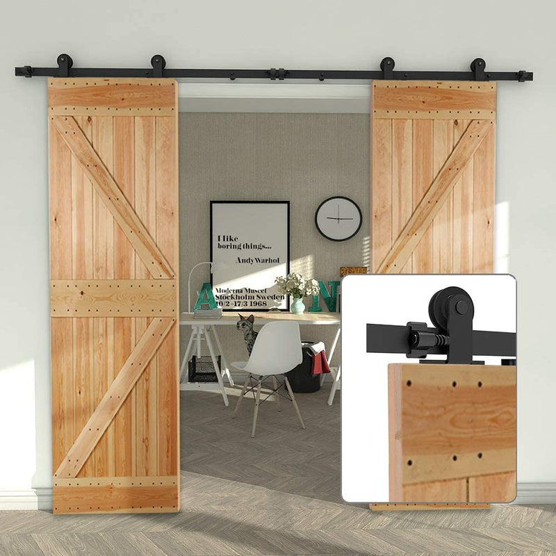 CCJH 6FT/183CM Sliding Barn Door Hardware Kit, Heavy Duty, Smoothly and Silently, Easy to Install, Fit 18" Width Double Door Panel, T-Shaped Style Black