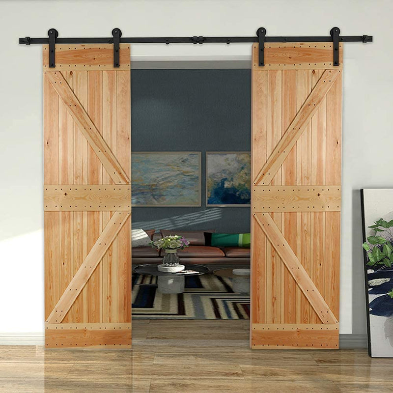 CCJH 6FT/183CMSliding Barn Door Hardware Kit, Heavy Duty, Smoothly and Silently, Easy to Install, Fit 18" Width Double Door Panel, I Shaped Hangers Black