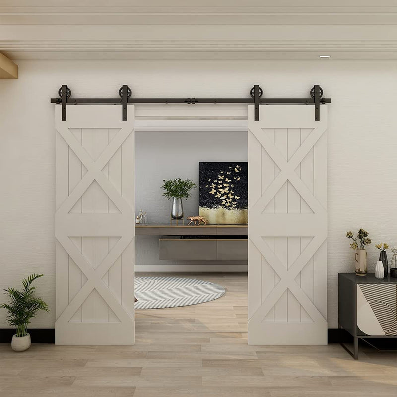 CCJH 16FT Track Double Sliding Barn Door Hardware Kit Basic Black, Big Spoke Wheel,Heavy Duty,Slide Smoothly Quietly