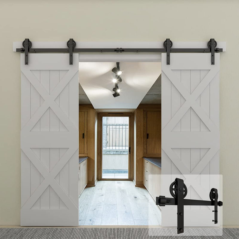 CCJH 15FT Track Double Sliding Barn Door Hardware Kit Basic Black, Big Spoke Wheel,Heavy Duty,Slide Smoothly Quietly