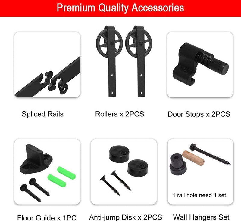 CCJH 12FT Track Double Sliding Barn Door Hardware Kit Basic Black, Big Spoke Wheel,Heavy Duty,Slide Smoothly Quietly