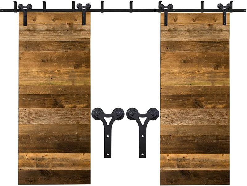 CCJH 14.5FT Ceiling Mount Sliding Barn Door Hardware Kit Black Low Ceiling L-Shape Bracket System, Fit 43.5" Wide Double Door Panel (Y Style)