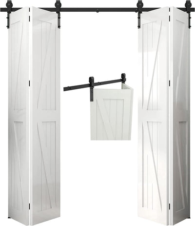 CCJH 7FT/84"(213CM) Bi-Folding Sliding Barn Door Hardware Kit Smoothly and Quietly, Heavy Duty Flat Track Side Mounted Roller for 4 Doors, NO Door