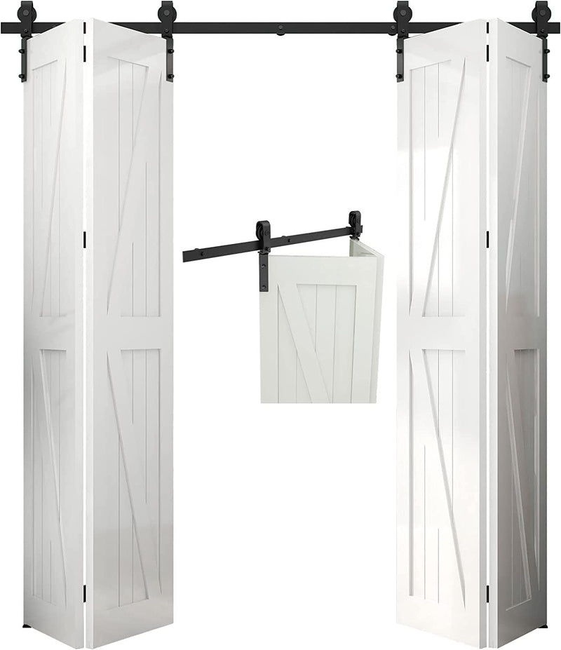 CCJH 7FT/84"(213CM) Bi-Folding Sliding Barn Door Hardware Kit Smoothly and Quietly, Heavy Duty Flat Track Side Mounted Roller for 4 Doors, NO Door