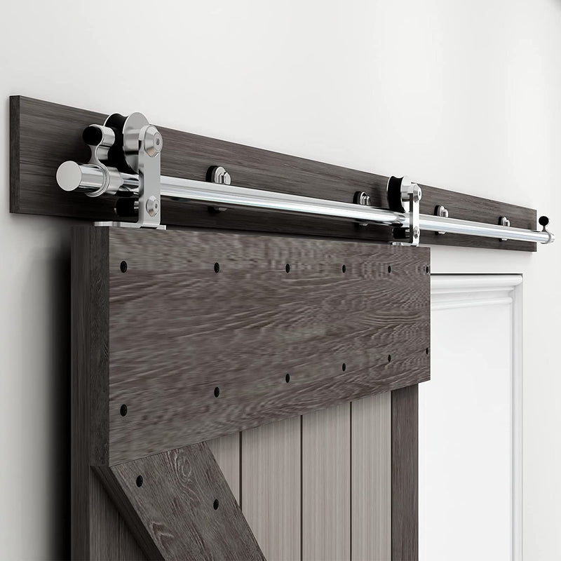 CCJH 16FT Sliding Barn Door Hardware Track Kit Stainless Steel Heavy Duty for Double Wood Door (T Shape Hanger)