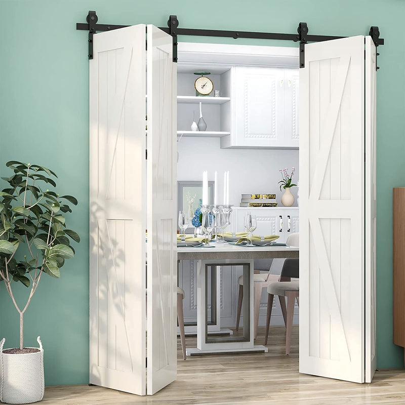CCJH 7FT/84"(213CM) Bi-Folding Sliding Barn Door Hardware Kit Smoothly and Quietly, Heavy Duty Flat Track Side Mounted Roller for 4 Doors, NO Door