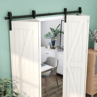 CCJH 7FT/84"(213CM) Bi-Folding Sliding Barn Door Hardware Kit Smoothly and Quietly, Heavy Duty Flat Track Side Mounted Roller for 4 Doors, NO Door