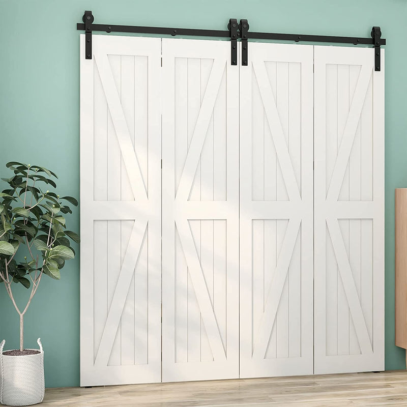 CCJH 7FT/84"(213CM) Bi-Folding Sliding Barn Door Hardware Kit Smoothly and Quietly, Heavy Duty Flat Track Side Mounted Roller for 4 Doors, NO Door